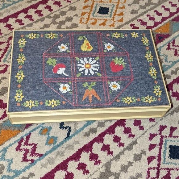 Oneida Blue Denim Fruit Patchwork Embroidered Sterling Silverware Case Vintage - Picture 1 of 9